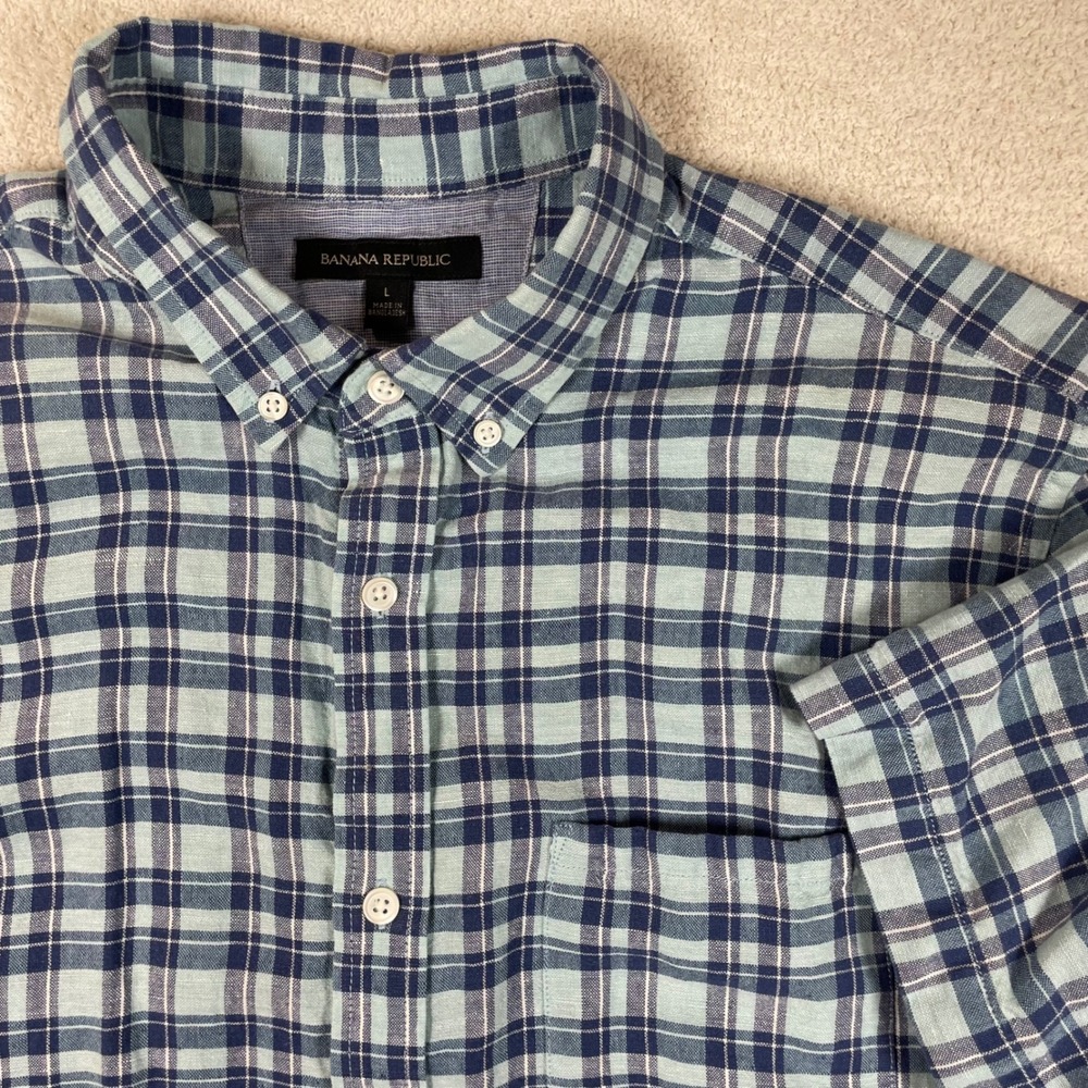 linen blend button down banana republic short sleeve blue plaid L preppy summer